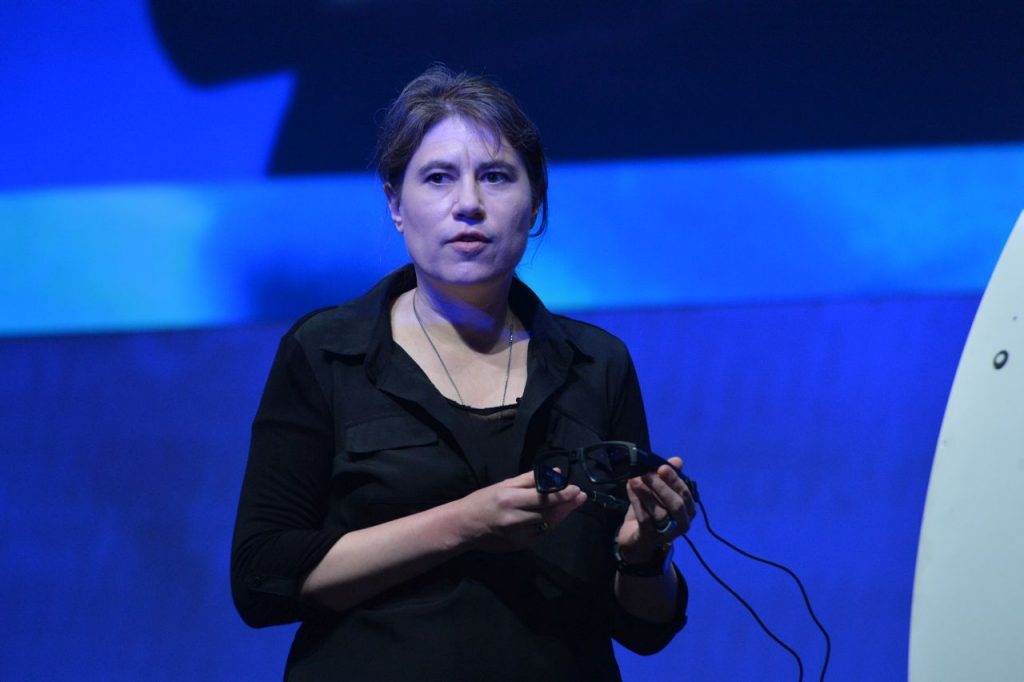 Intel’s Diana Shea displays glasses that include the Joule maker board at the 2016 Intel Developer Forum in San Francisco on Tuesday, Aug. 16, 2016, during his opening keynote presentation. His presentation offered perspective on the unique role Intel will play as the boundaries of computing continue to expand. (Credit: Intel Corporation)