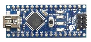 The Arduino Nano is a tiny version of the Arduino Uno board.