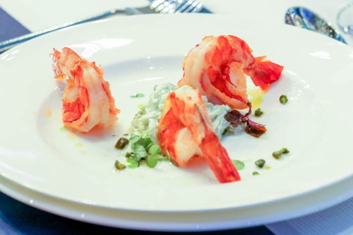  The appetizer was grilled tiger prawns with cucumber salad and pistachio yogurt dressing—available on the Club des Chefs app, courtesy of Chef Michel Roux.
