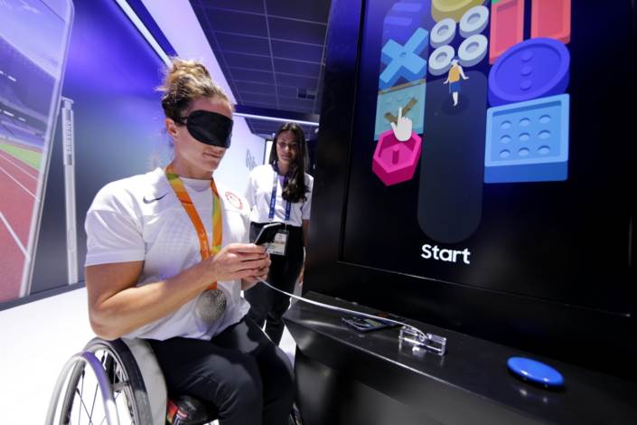 Team USA Paralympic Track and Field Athlete, Tatyana McFadden, participates in the Galaxy Accessibility Experience Program and tested out the Blind Game at the Samsung Galaxy Studio in Olympic Park on Saturday, September 10th 2016. 