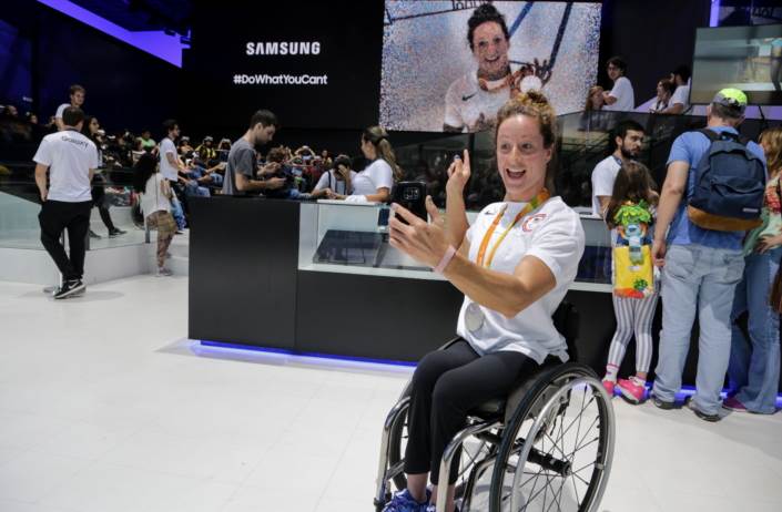 Team USA Paralympic Track and Field Athlete, Tatyana McFadden takes a selfie at Samsung Galaxy Studio in Olympic Park on September 10th, 2016 in Rio de Janeiro, Brazil during the Rio 2016 Paralympic Games.