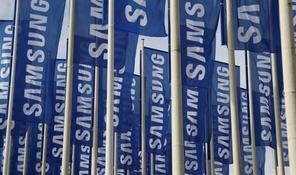 Samsung flags are set up at main entrance to Berlin fair ground