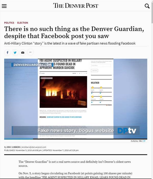 Image: The Denver Post published a story with the headline" There is no such thing as the Denver Guardian, despite that Facebook post you saw.