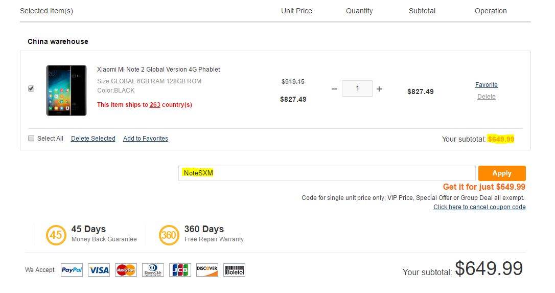 Xiaomi Mi NOte 2 Global Version Coupon
