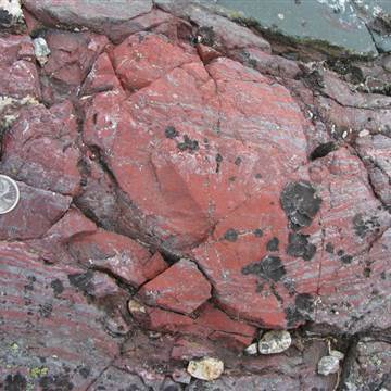 Image: Layer-deflecting bright red concretion of haematitic chert
