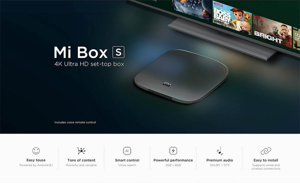 Xiaomi Mi Box S with 4K HDR Android TV Streaming Media Player and Google Assistant Remote Cortex-A53 Quad Core 64 bit Mali-450 Android 8.1 2GB RAM 8GB ROM HDMI2.0 2.4G + 5.8G WiFi BT4.2 - Black EU Plug