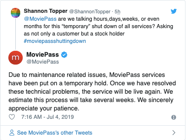 Screenshot from MoviePass' Twitter replies