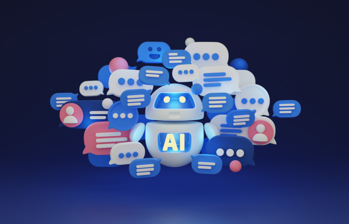 AI bot surrounded by virtual speech bubbles in 3D.