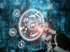 7 Top AI Marketing Trends (2024): What’s Hot and Worth Watch… Robotic hand interacting with virtual marketing icons on a digital background.