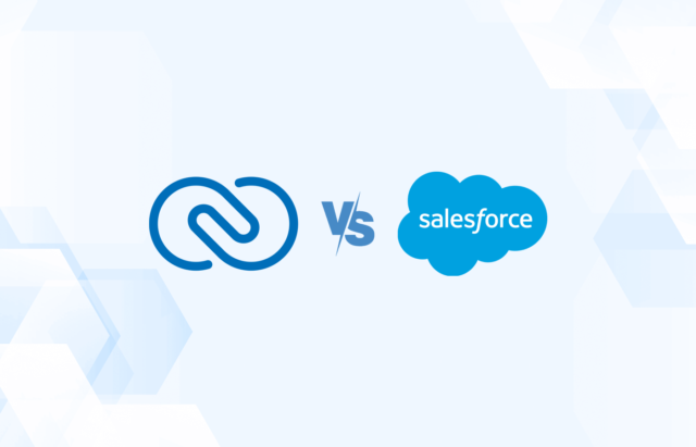 Versus graphic featuring the logos of Zoho CRM and Salesforce.
