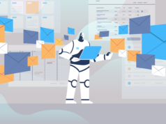 AI for Email Marketing: Mastering Personalization for Maximu… Robot using laptop sending and receiving envelopes.