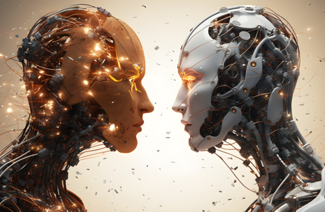 Two futuristic opposite AI robots.