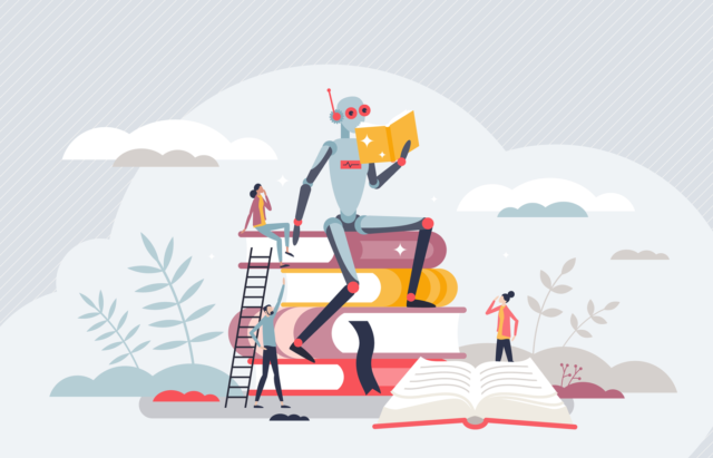 Vector illustration of a robot reading books with AI tech and tiny people helping.