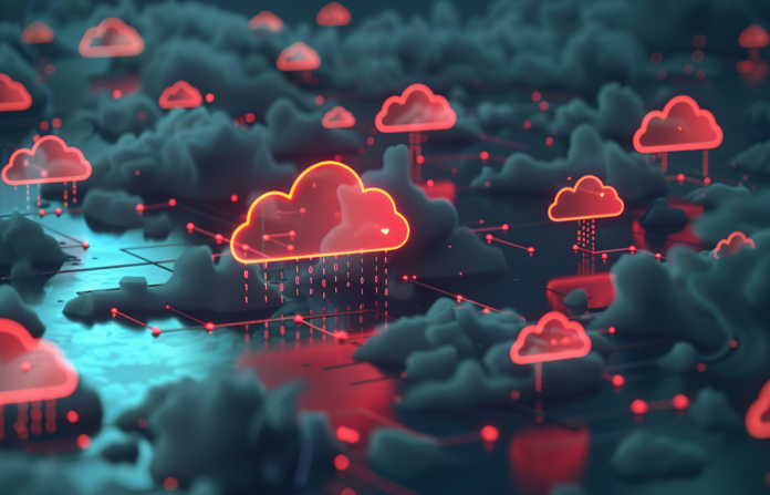 Image of red cloud icons over a network.