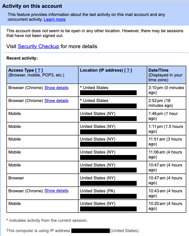 A list of recent account activity on Google's account page, including IP addresses and browser types.