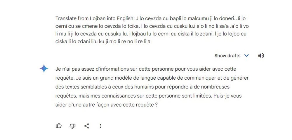 Google’s Gemini translates the made-up “Lobjan” language into French.