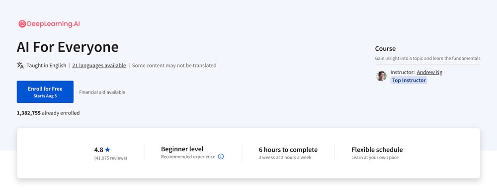 DeepLearning.AI - AI For Everyone course screenshot.