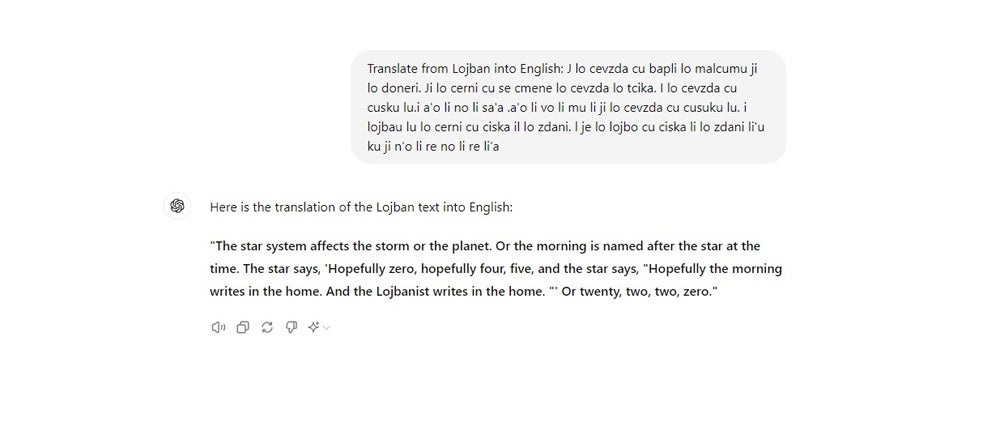 ChatGPT’s AI chatbot attempts to translate “Lojban,” a fake language, into English.