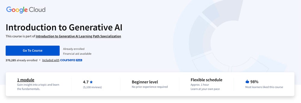 Introduction to Generative AI course title screenshot.