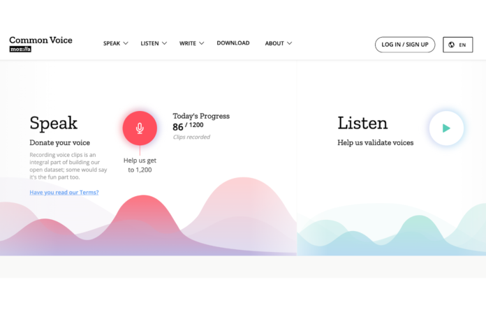A screenshot of Mozilla's Common Voice homepage featuring options to contribute voice clips or validate recorded voices.