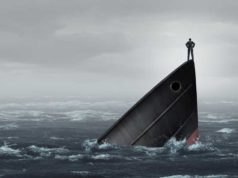Overcoming knowledge inconsistency with a common semantic… Sinking ship metaphor and failing business despair concept as a stranded businessman lost at sea as a failed corporate idea for financial crisis or being lost with 3D illustration elements.