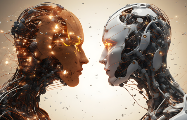 Two robots face to face.