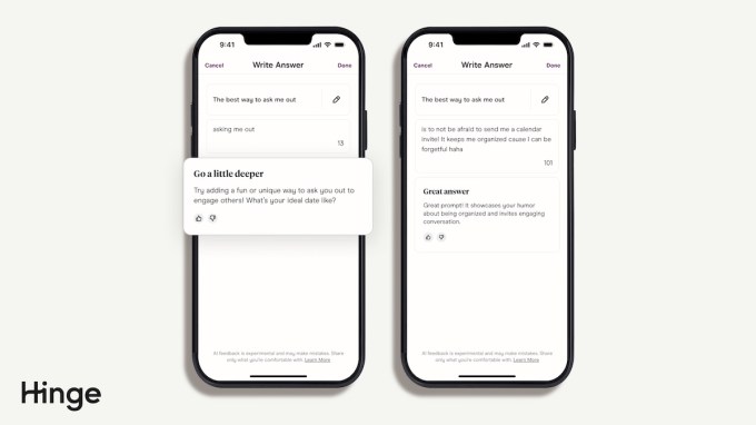 Hinge's new AI-powered feature called "Prompt Feedback."