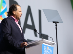 Google Cloud Wins Salesforce $2.5B Deal, Adds Gemini Into Ag… Marc Benioff while making a speech.