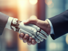 Trust AI or Peers More for Advice? Here’s What Execs Prefer … Robot and executive shaking hands.