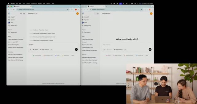 Screenshot of an OpenAI demo video of AI model GPT 4.5 with researchers.