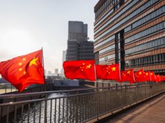 Are Humanoid Robots the Future of Work? China’s Betting Bill… Row of Chinese flags on Huangpu river promenade, Shanghai, China.