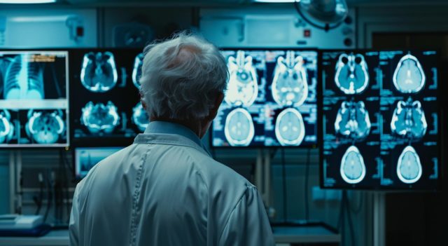A doctor in a white lab coat examines X-ray images on multiple monitors in a dimly lit medical facility, focusing on the detailed scans.