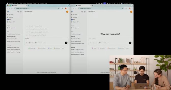 Screenshot of an OpenAI demo video of AI model GPT 4.5 with researchers.