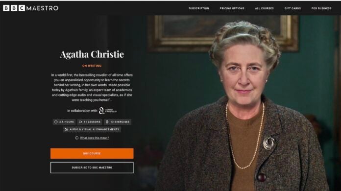 Screenshot of BBC Maestro site featuring the Agatha Christie writing course.