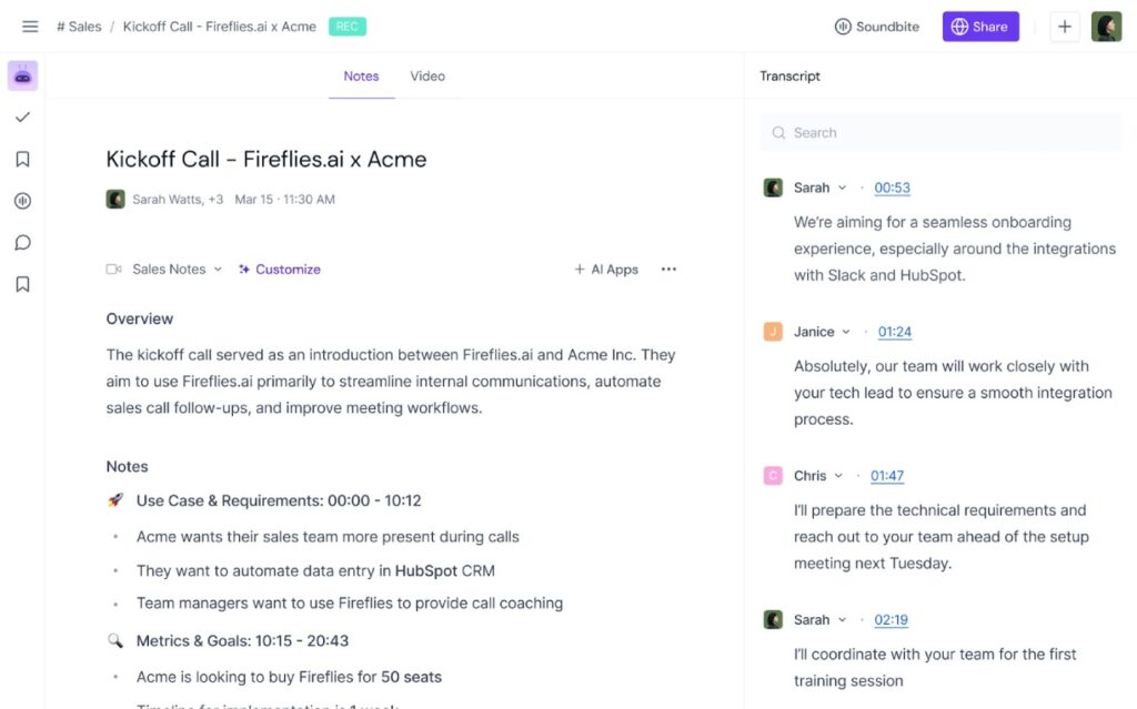 Fireflies.ai dashboard.