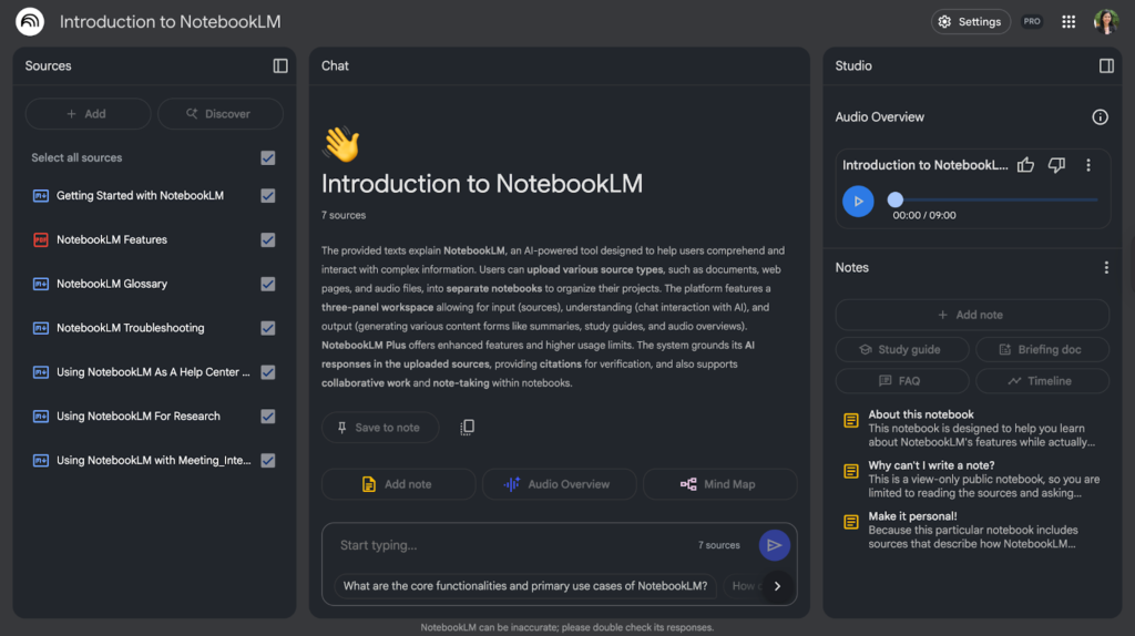 NotebookLM dashboard.