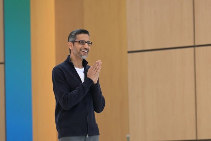 Google CEO Sundar Pichai speaks at Google I/O on May 20, 2025 in Mountain View, California.