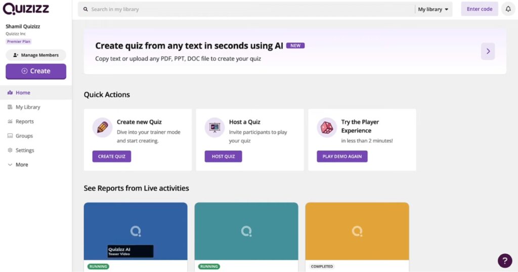 Quizizz dahsboard.