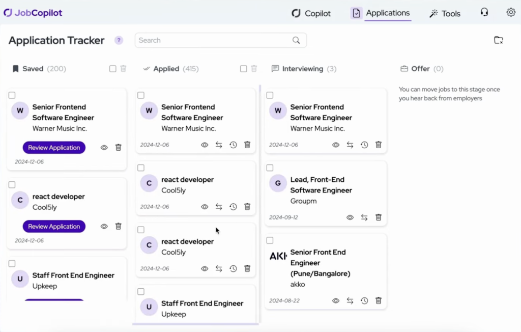 Jobcopilot interface.