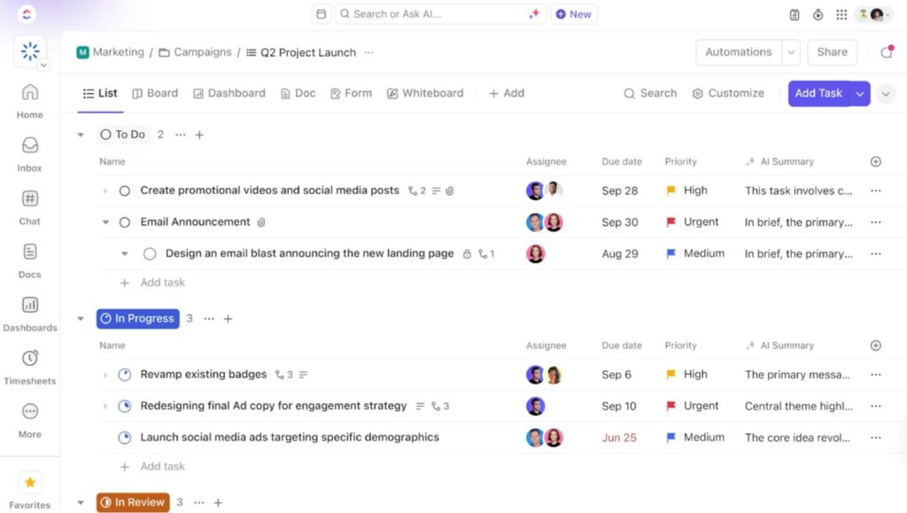 ClickUp's AI-powered task summaries help remote teams quickly understand project progress and context.