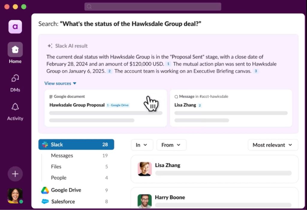 Slack's AI search combines results from multiple integrated business tools.
