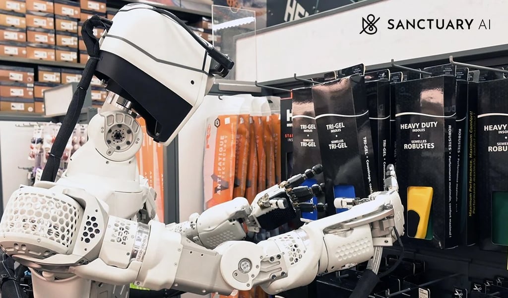 An image of a humanoid robot named Phoenix adjusting items hanging on a peg at a retail store.