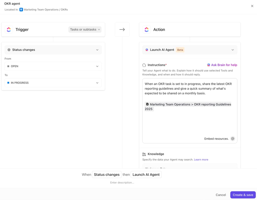 ClickUp's AI agents automate routine work and keep teams aligned with custom instructions and relevant context.