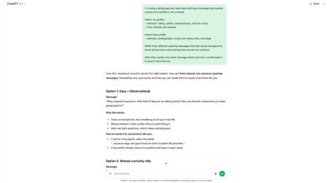 ChatGPT helps you craft authentic opening messages by analyzing profile compatibility and suggesting natural conversation starters based on shared interests.