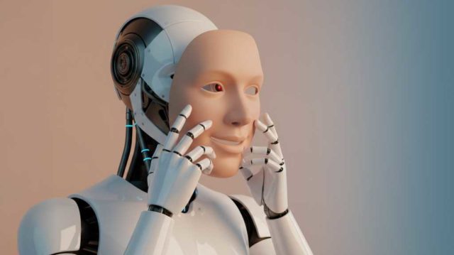 Illustration of robot holding a human face mask