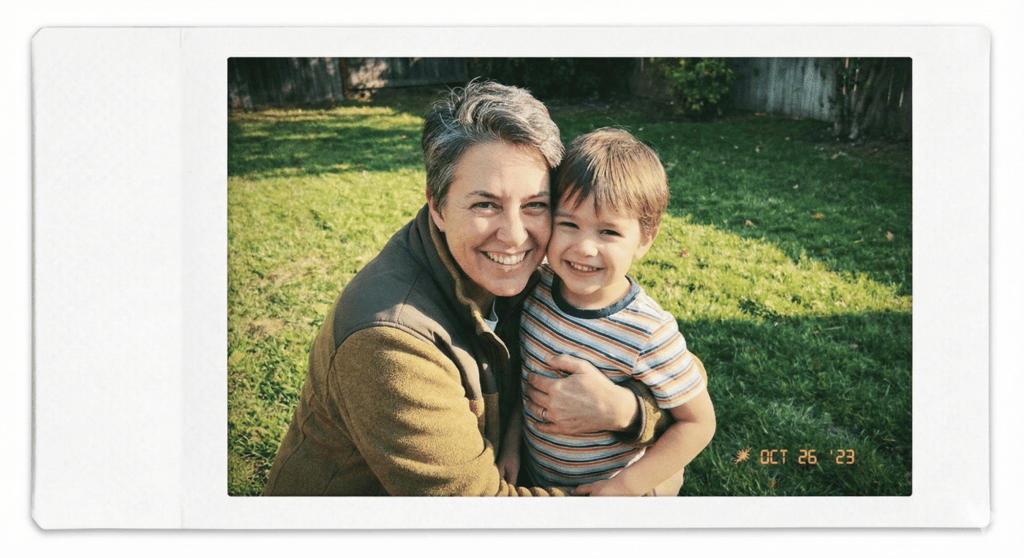 An AI generated image of a woman with her arms around a smiling child.