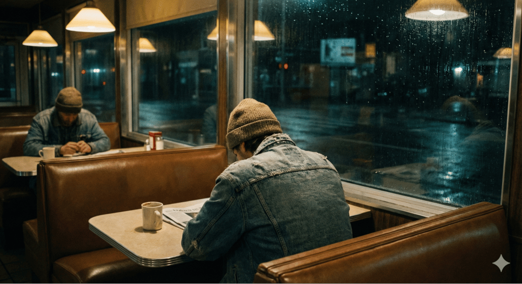 An image of a person with their back to the camera sitting at a diner next to a window at night.