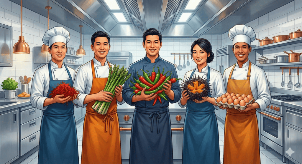 An illustrated image of five chefs standing in row facing the camera with produce in their hands.