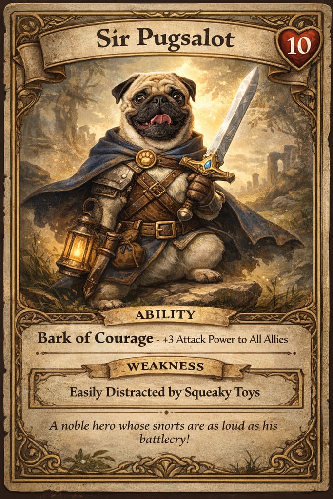 A pug recreated as a knight for a trading card.