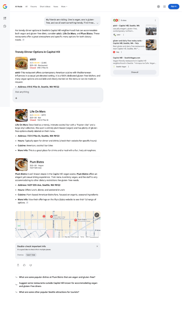 Screenshot of Google search results listing vegan and gluten-free restaurants a/stir, Life On Mars, and Plum Bistro in Seattle's Capitol Hill neighborhood